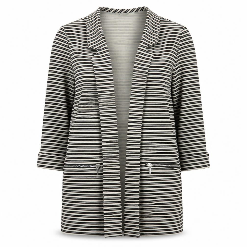 Front view of M&Co women’s black striped jacket blazer, size UK 12