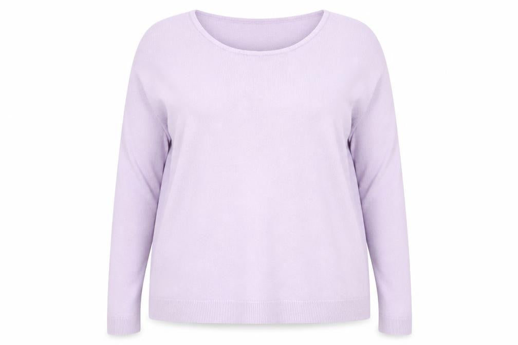 Front view of Essentials women’s purple round neck acrylic jumper, size UK 16