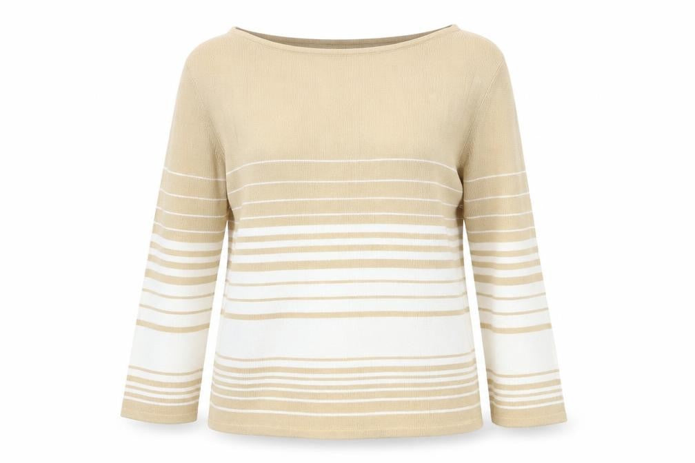 Front view of Debbie Morgan women’s brown round neck striped viscose jumper, size M