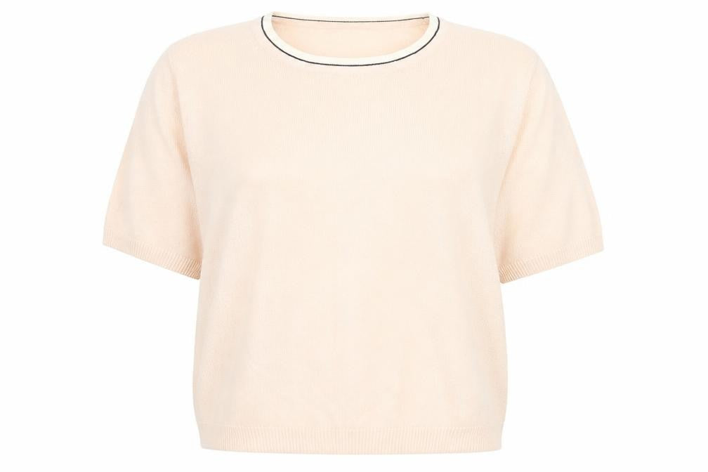 Front view of Marks & Spencer women’s pink round neck acrylic jumper, size UK 10