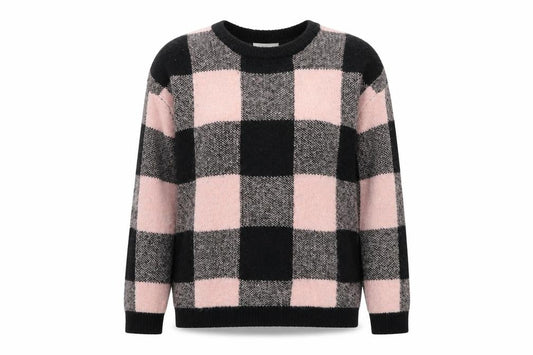 Front view of H&M women’s multicoloured round neck check acrylic jumper, size UK 12