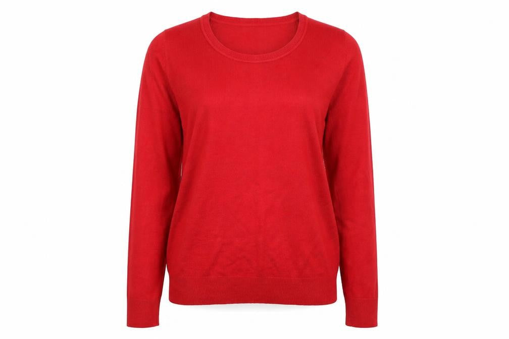 Front view of F&F women’s red round neck acrylic jumper, size UK 14