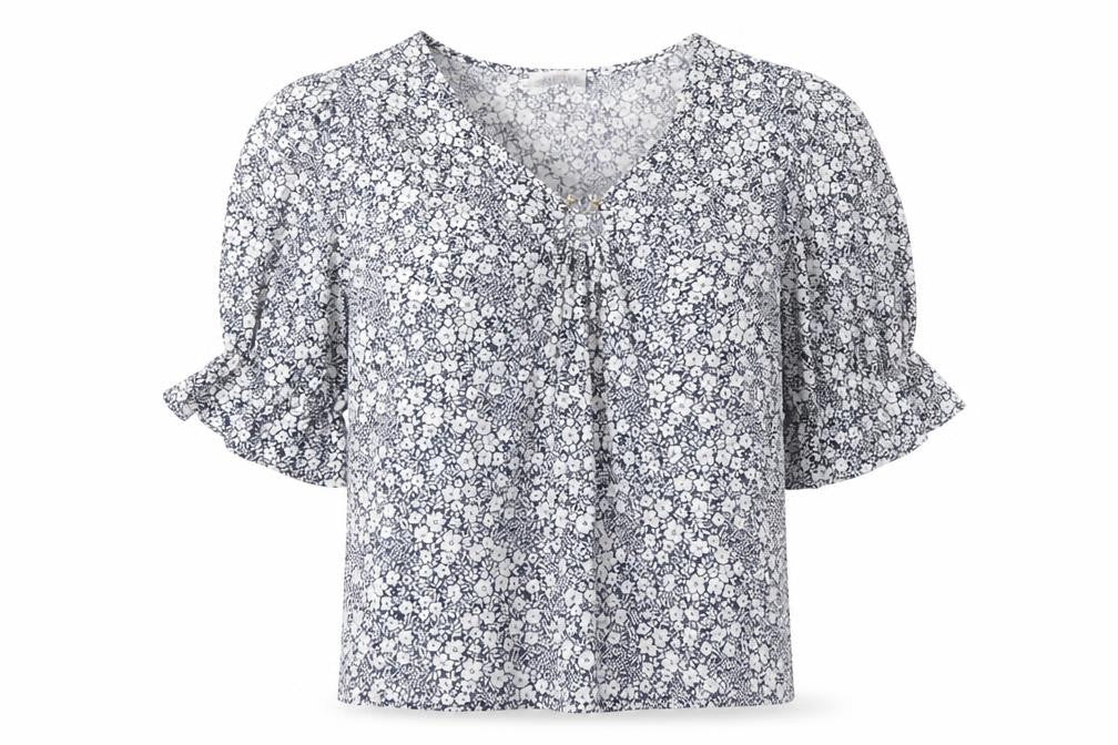 Front view of Savida women’s blue floral polyester basic blouse, size L, v-neck