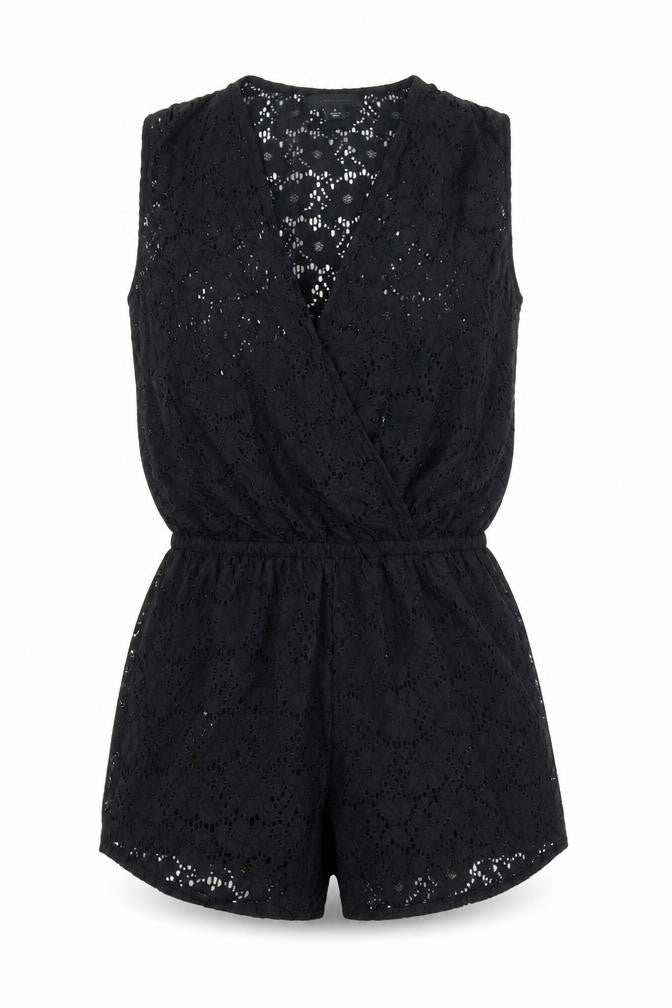 Front view of Atmosphere women’s black floral nylon jumpsuit one-piece, size S, pullover
