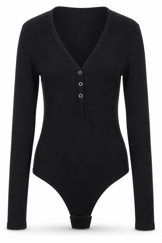 Front view of PRETTYLITTLETHING women’s black polyester bodysuit one-piece, size UK 8, snap