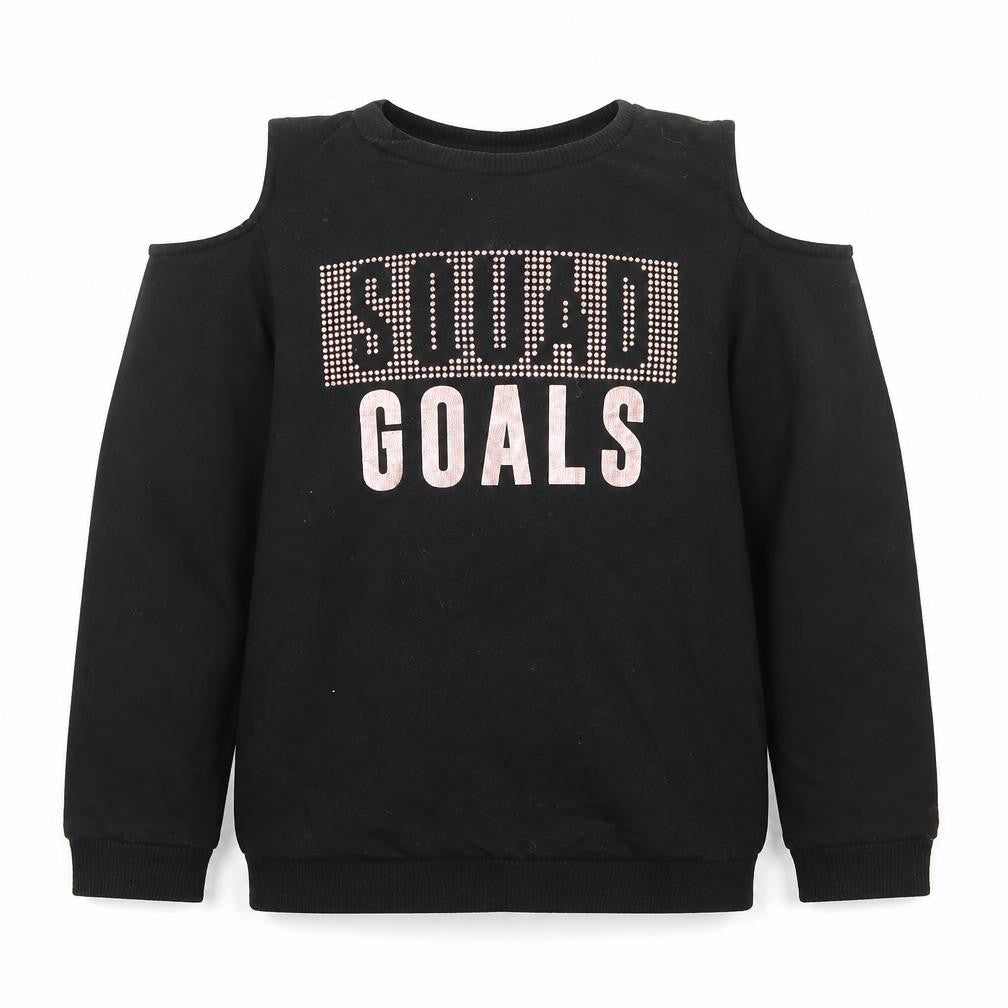 Front view of Pep&Co girls’ black scoop neck polyester jumper, size 9-10, years pullover - squad goal