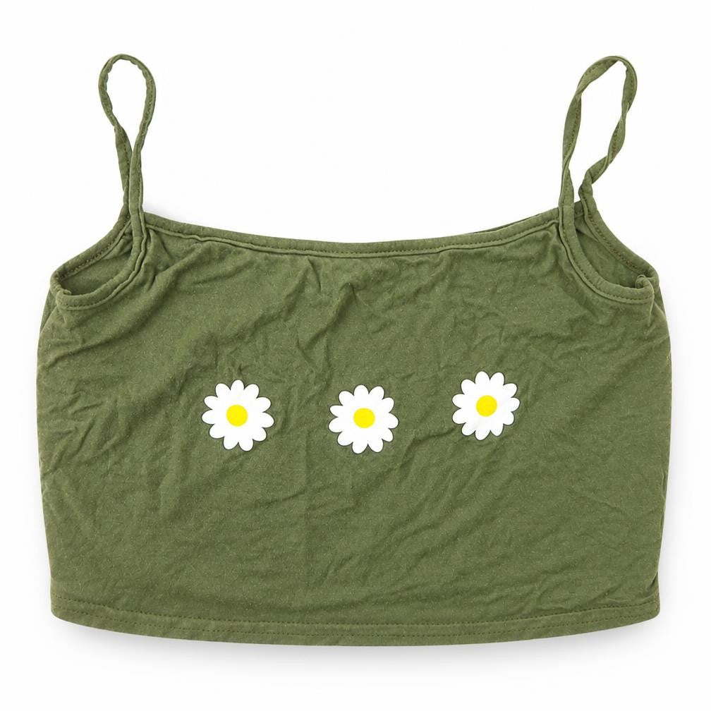 Front view of PRETTYLITTLETHING women’s green viscose basic tank, size UK 6, square neck - flowers