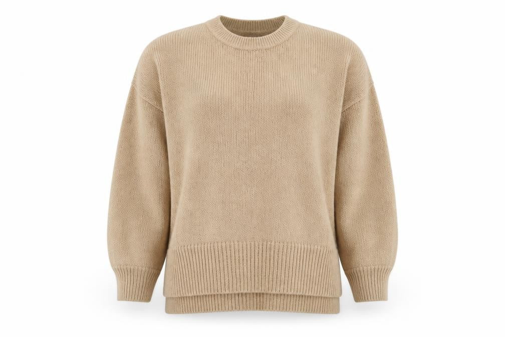 Front view of New Look women’s beige crew neck acrylic jumper, size L
