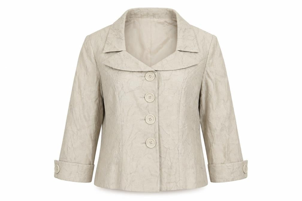 Front view of Peter Mantma women’s beige jacket blazer, size UK 14, button