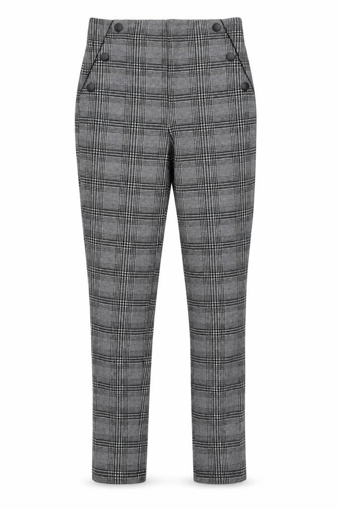 Front view of Stardivarius women’s grey plaid polyester trousers, size M, 27-inch leg regular