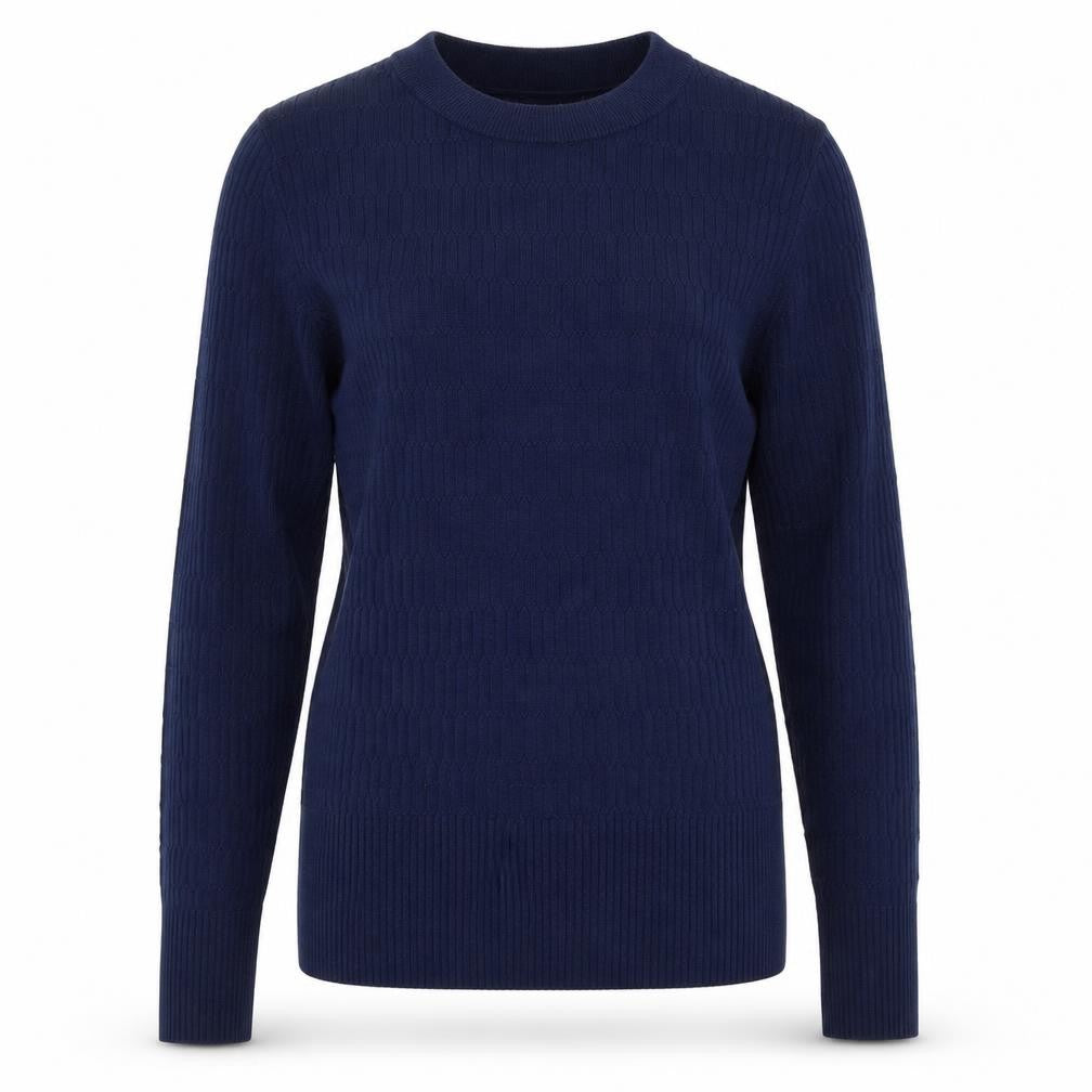 Front view of Marks & Spencer women’s blue round neck viscose jumper, size UK 12
