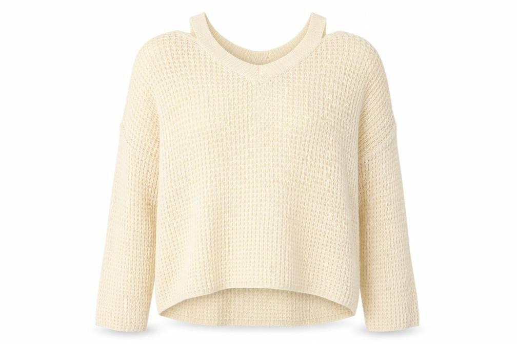 Front view of SHEIN women’s beige round neck acrylic jumper, size M