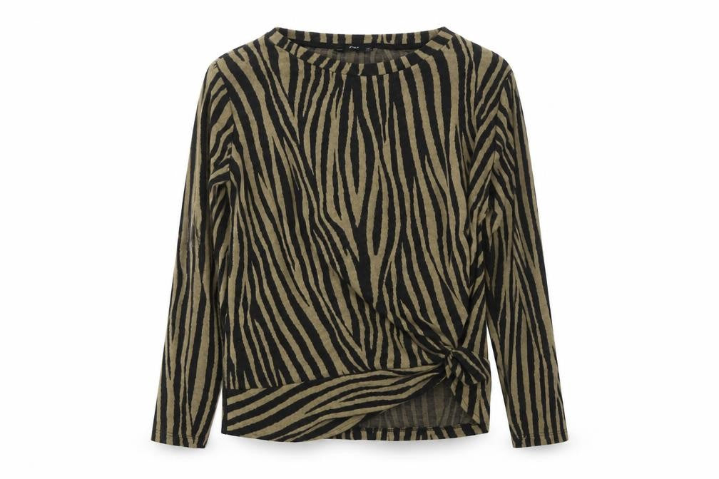 Front view of F&F women’s multicoloured round neck animal print polyester jumper, size UK 12