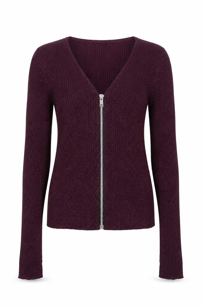Front view of H&M women’s purple v-neck viscose jumper, size XS