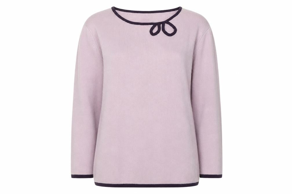 Front view of Autonomy women’s purple boat neck viscose jumper, size UK 12