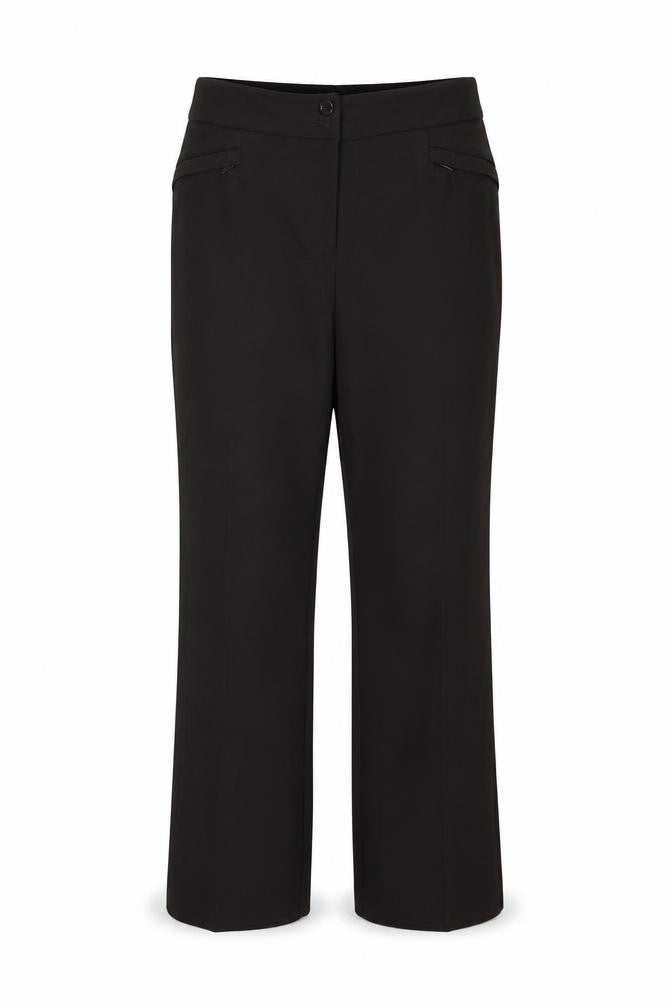 Front view of BHS women’s brown polyester trousers, size UK 14, 28-inch leg regular zip