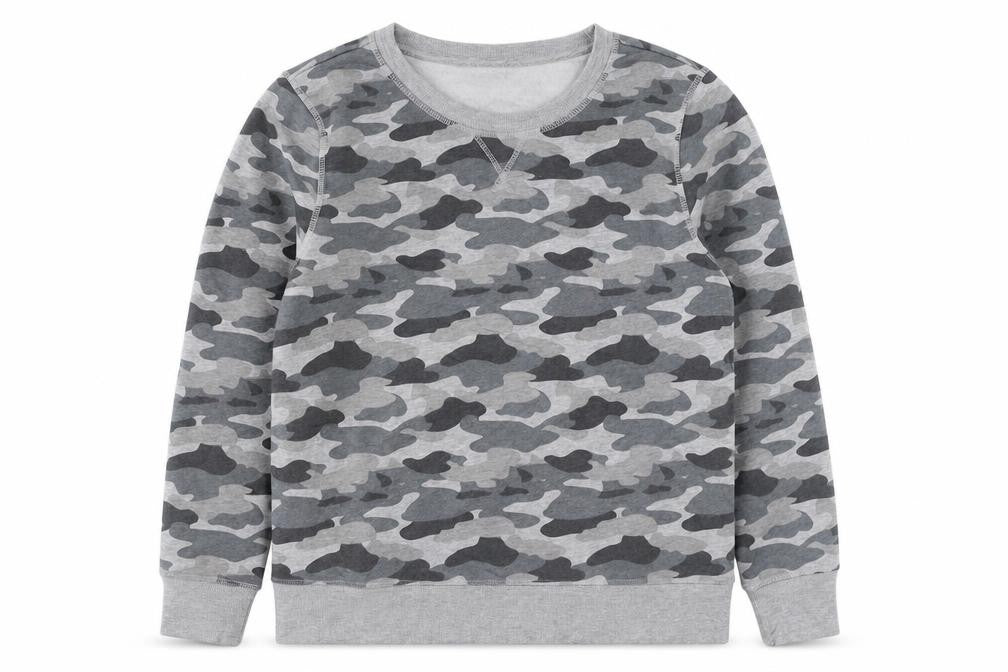 Front view of Amazon Essentials men’s grey camouflage cotton pullover sweatshirt, size M