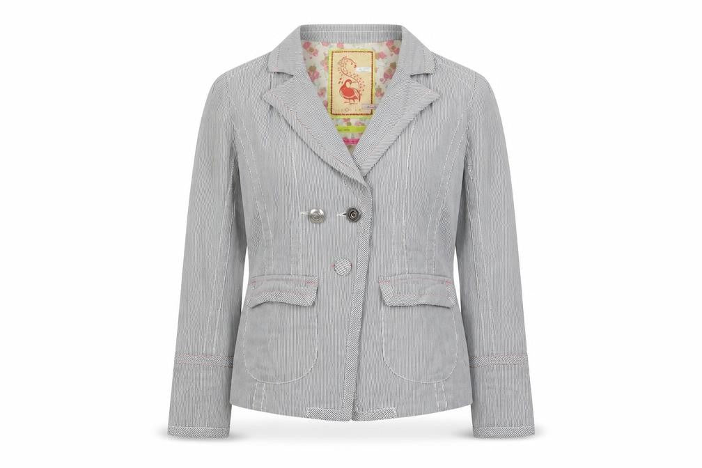 Front view of Rive Island women’s blue striped jacket blazer, size UK 12, button