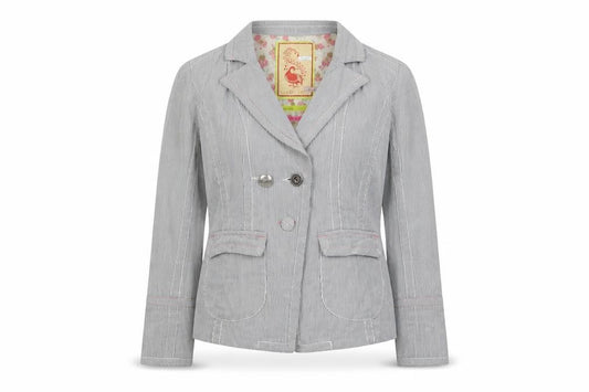 Front view of Rive Island women’s blue striped jacket blazer, size UK 12, button