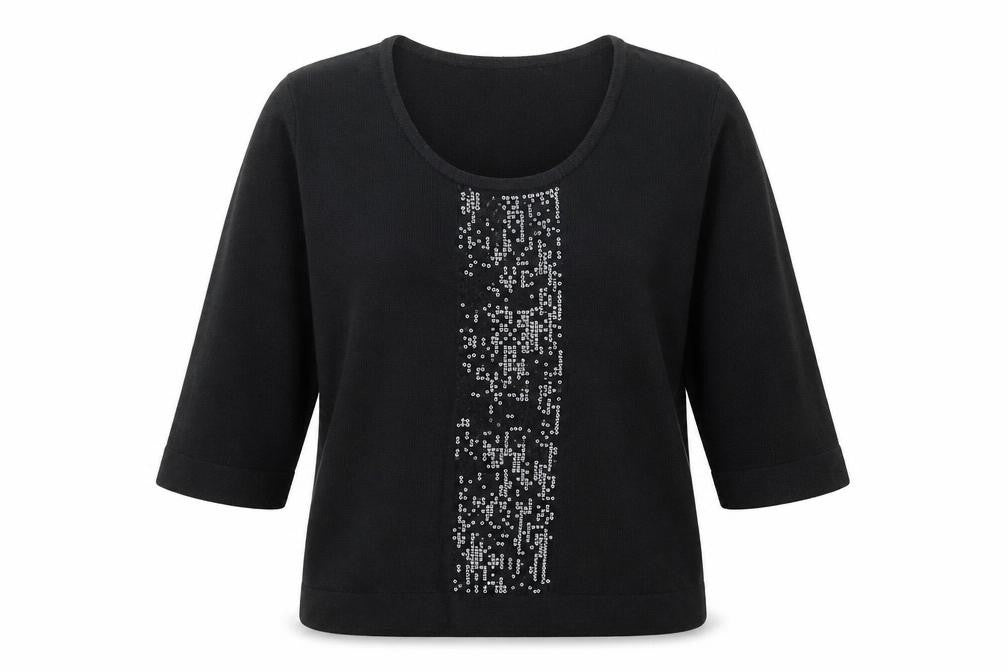 Front view of Bonmarché women’s black crew neck acrylic jumper, size M