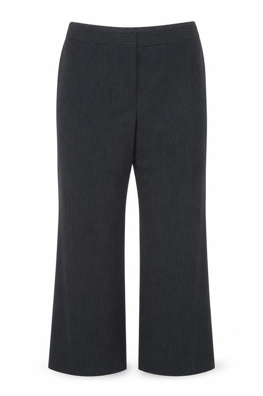 Front view of F&F women’s black striped polyester trousers, size UK 16, 28-inch leg regular hook & eye