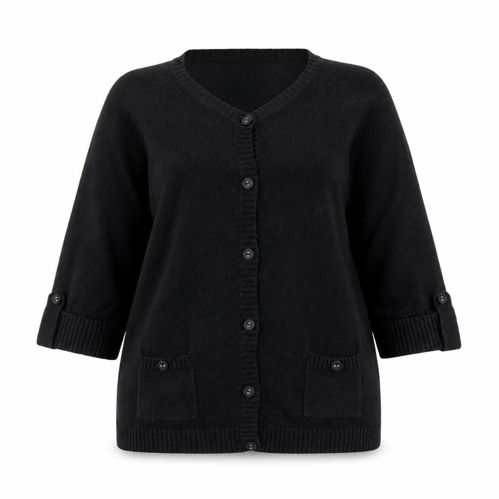 EWM Womens Black V-Neck  Cotton Cardigan Jumper Size L