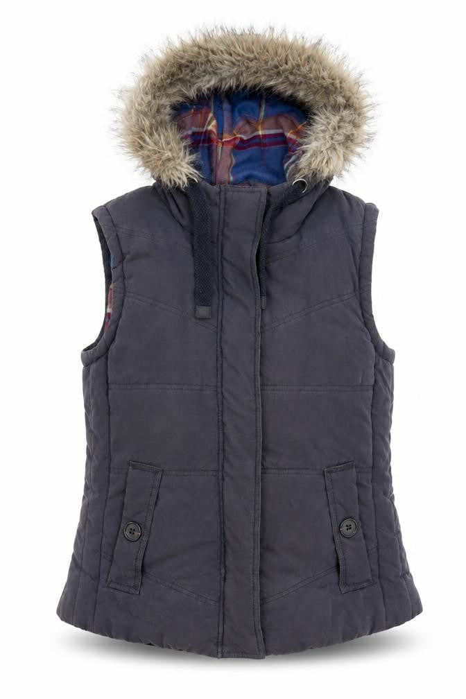 Front view of Indigo women’s blue gilet jacket, size UK 12, zip