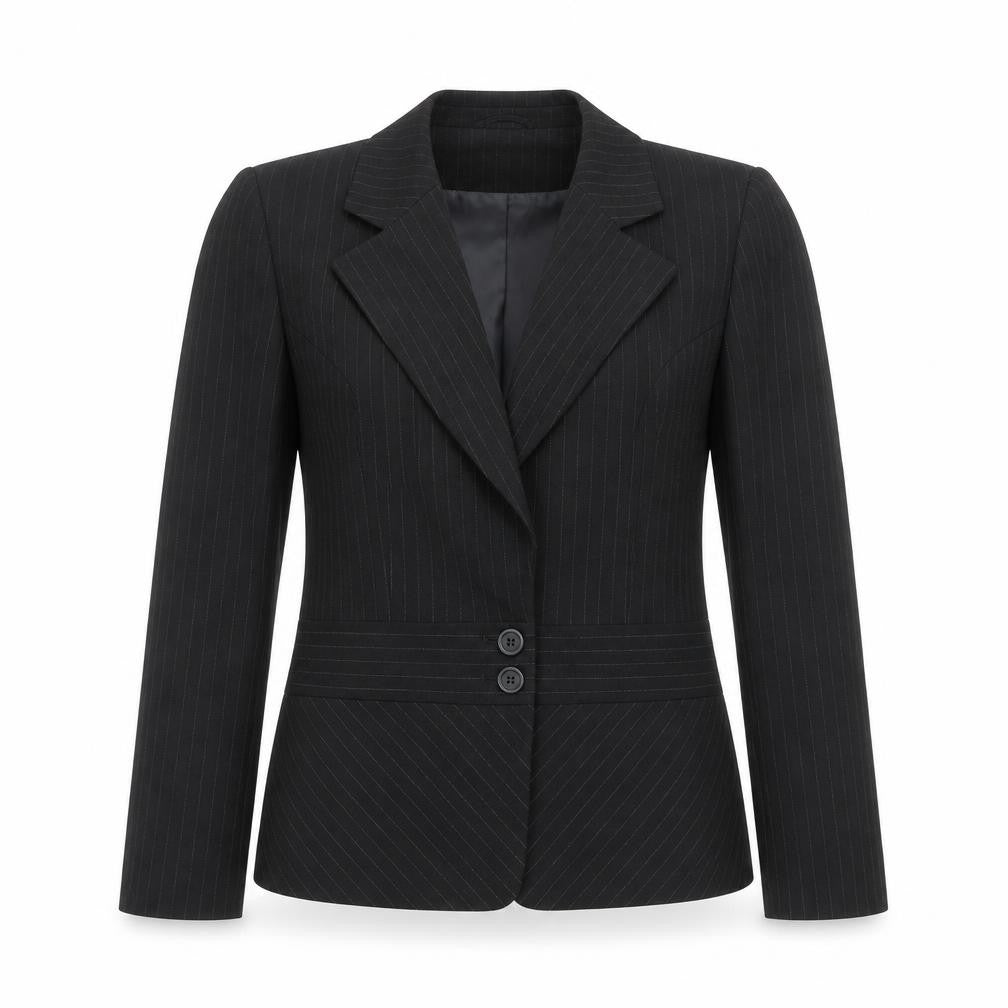 Front view of AMARANTO women’s black striped jacket blazer, size UK 12, button