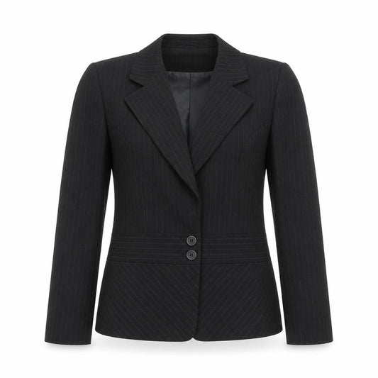 Front view of AMARANTO women’s black striped jacket blazer, size UK 12, button