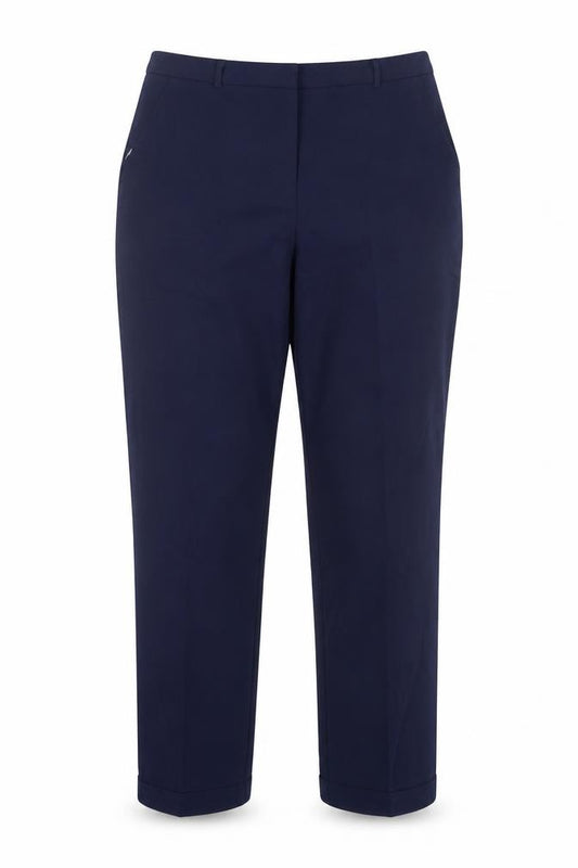 Front view of ASOS women’s blue polyester trousers, size UK 12, 27-inch leg regular hook & eye