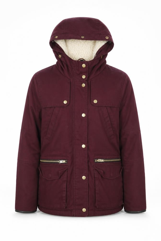 Front view of Topshop women’s purple jacket coat, size UK 8, zip