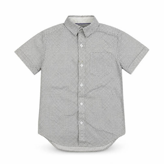 Front view of River Island boys’ white polka dot cotton basic button-up, size 6, years collared