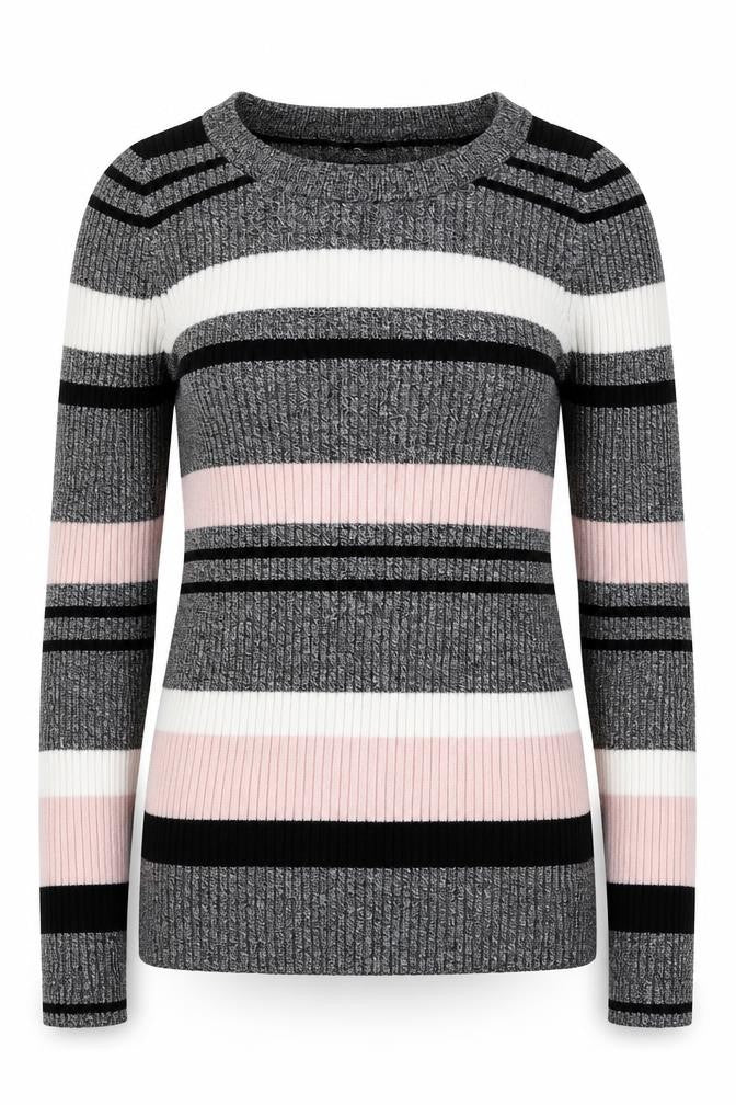 Front view of H&M women’s multicoloured round neck striped viscose jumper, size XS