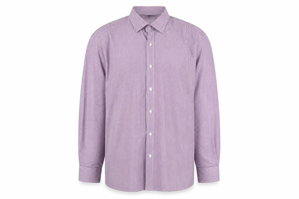 Front view of Eterna men’s purple striped cotton button-up, size XL, collared button