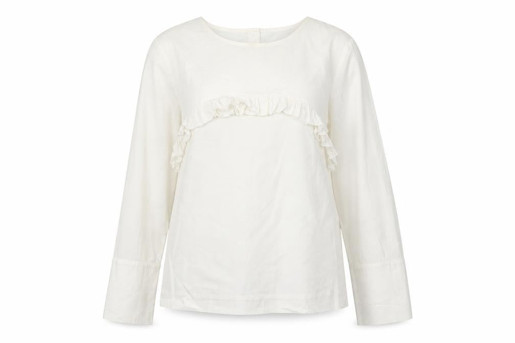 Front view of Carolyn Donnelly women’s white cotton basic blouse, size UK 12, round neck