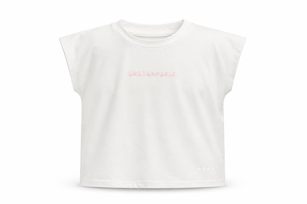 Front view of Matalan girls’ white polyester basic t-shirt, size 6-7, years round neck - unstoppable