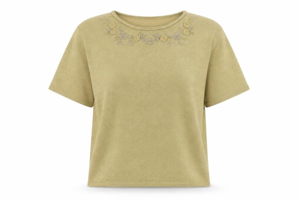 Front view of Bonmarché women’s gold round neck acrylic jumper, size M