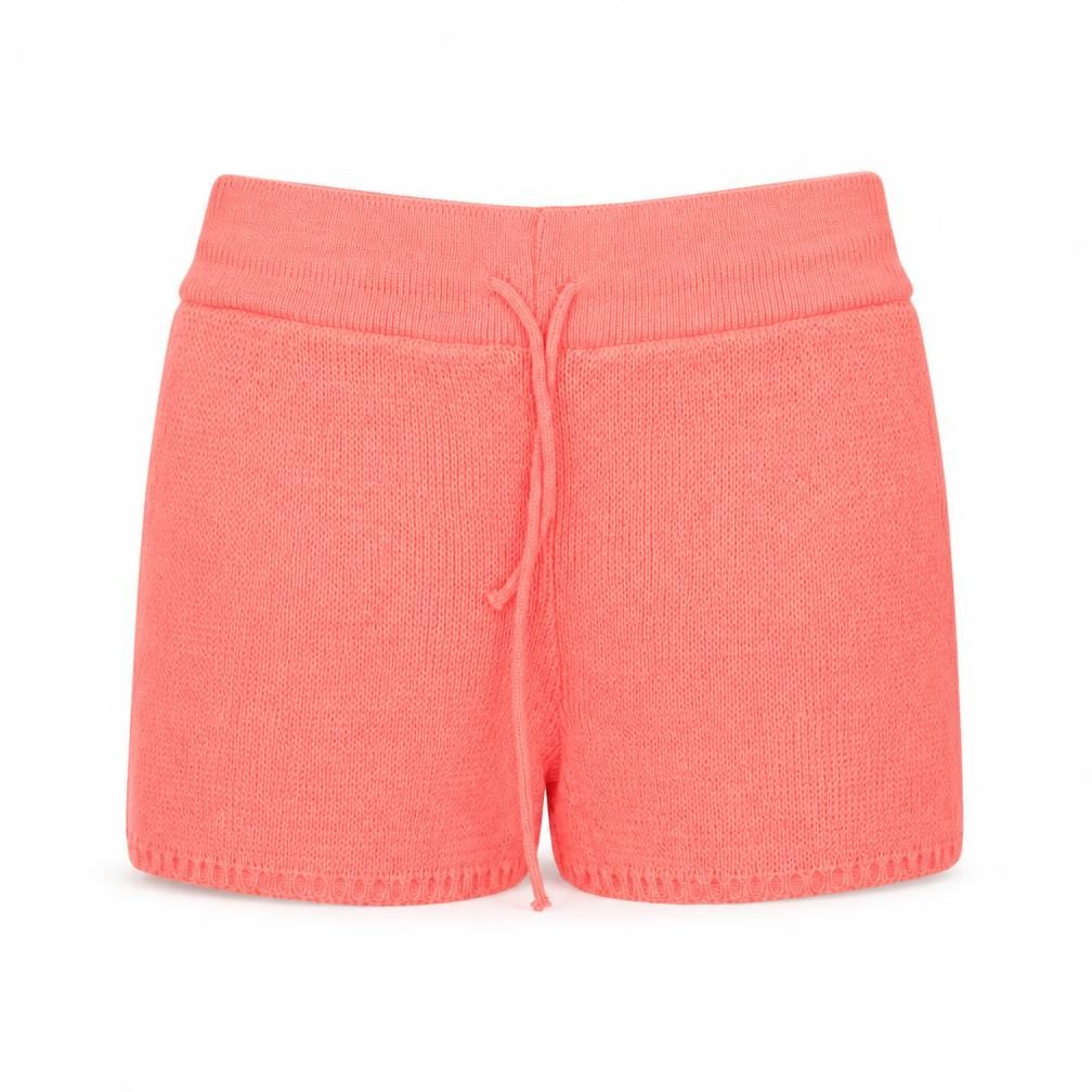 Front view of SHEIN women’s orange acrylic paperbag shorts, size M, regular drawstring
