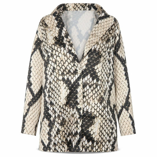 Front view of PRETTYLITTLETHING women’s brown animal print polyester mini, size UK 10, collared button - blazer dress