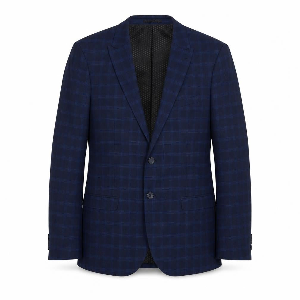 Front view of Taylor & Wright men’s blue plaid polyester jacket suit jacket, size L