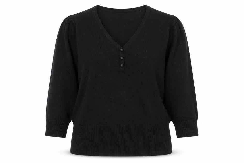 Front view of First Avenue women’s black v-neck viscose jumper, size M