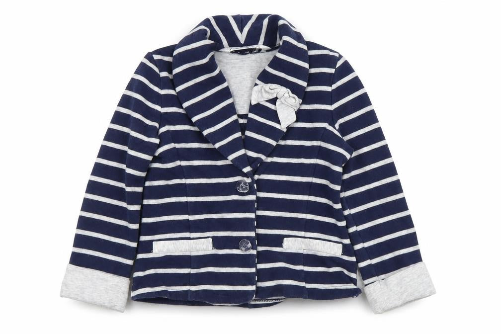 Front view of Matalan girls’ blue striped jacket, size 4-5, years button