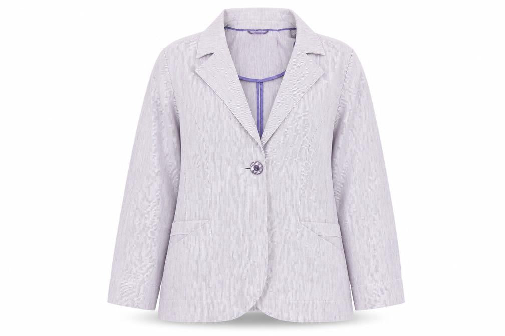 Front view of Marks & Spencer women’s purple striped jacket, size UK 14, button