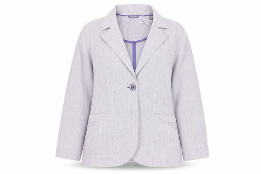 Front view of Marks & Spencer women’s purple striped jacket, size UK 14, button