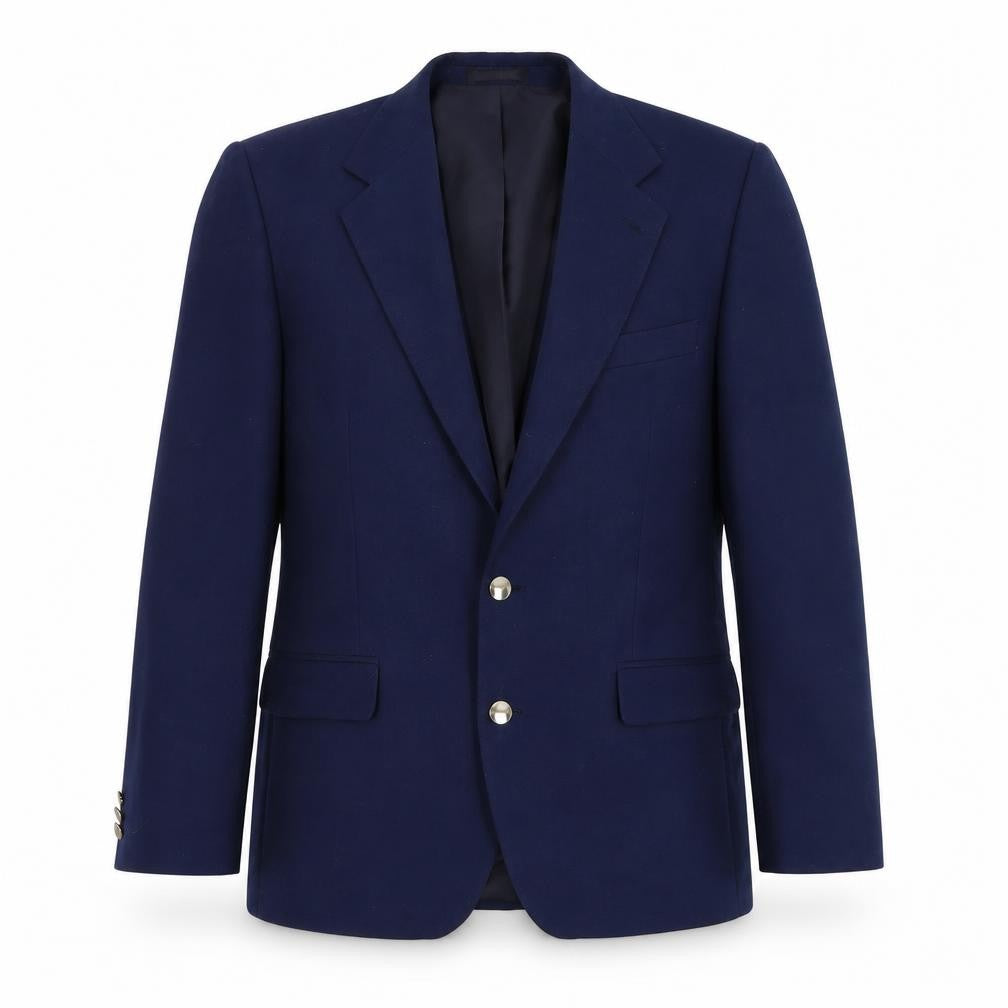 Front view of Preworn men’s blue polyester jacket suit jacket, size 38
