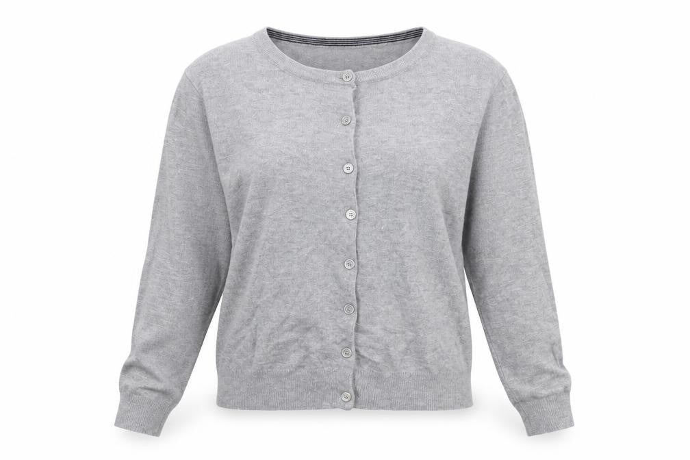 Front view of Atmosphere women’s grey round neck polyester cardigan jumper, size UK 12