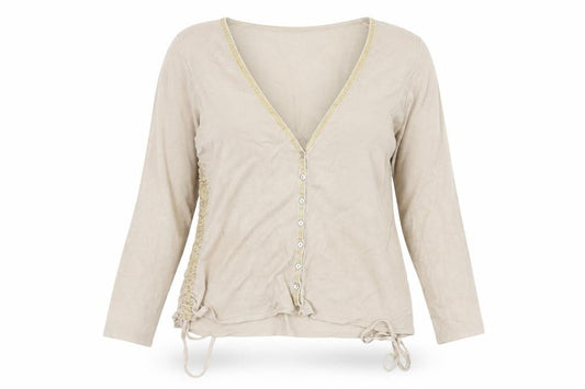 Front view of Principles women’s beige v-neck viscose jumper, size UK 14