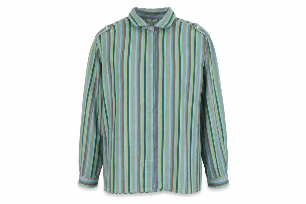 Front view of C&A women’s multicoloured striped polyester basic button-up, size UK 18, collared