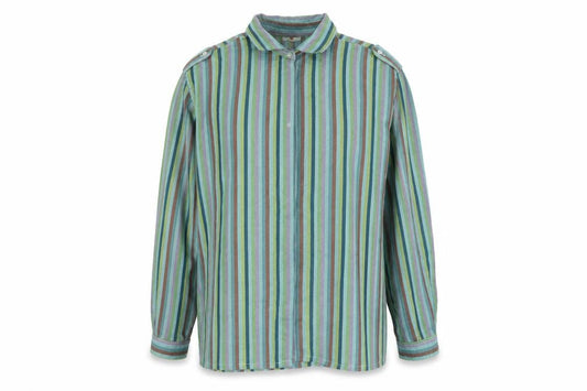 Front view of C&A women’s multicoloured striped polyester basic button-up, size UK 18, collared