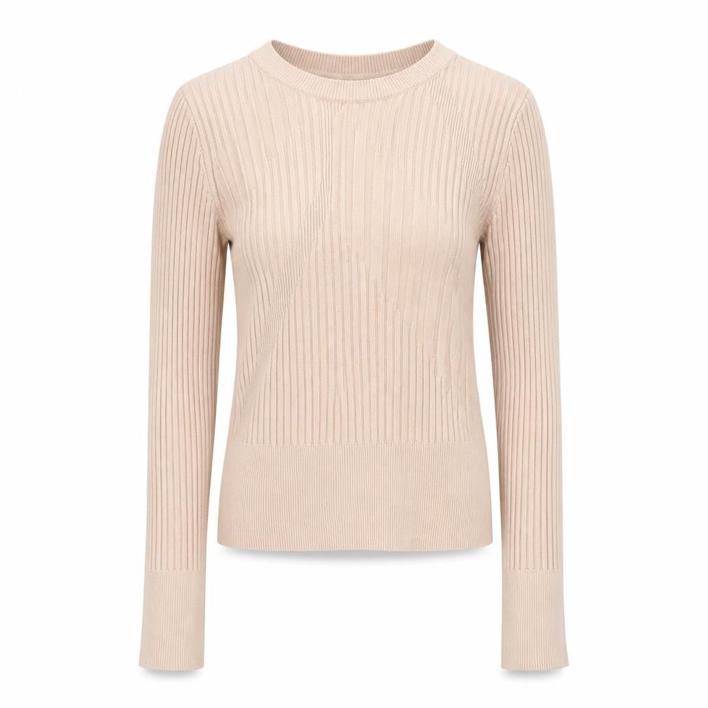 Front view of Topshop women’s beige round neck viscose jumper, size UK 6